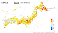 27日の最高気温平年差の分布図