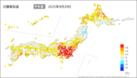 昨日の最高気温平年差の分布図