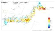 8日の最高気温前日差の分布図