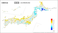 29日の最高気温前日差の分布図
