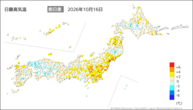 16日の最高気温前日差の分布図
