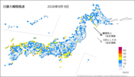 昨日の最大瞬間風速の分布図