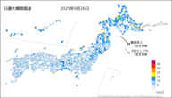 26日の最大瞬間風速の分布図