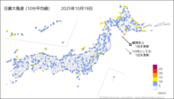 19日の最大風速（10分平均値）の分布図