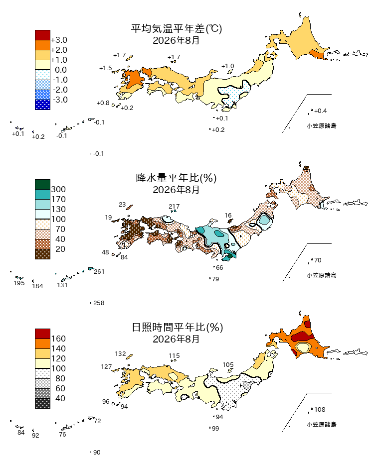 (図表)気温平年差、降水量平年比、日照時間平年比の分布
