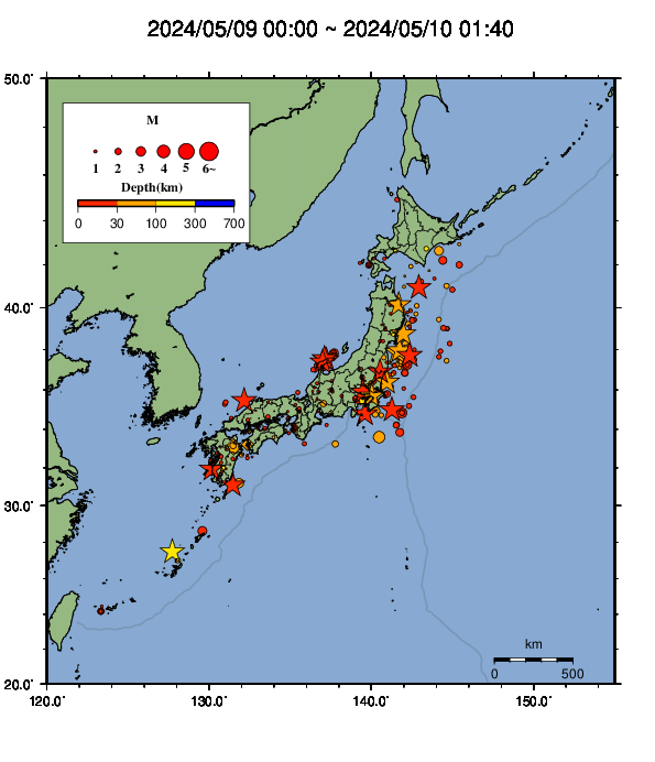 本日・昨日の地震活動状況（図をクリックすると大きな図でご覧になれます。）