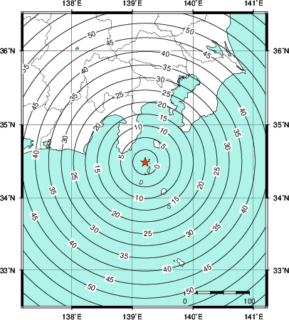 緊急地震速報第1報提供から主要動到達までの時間及び推計震度分布図