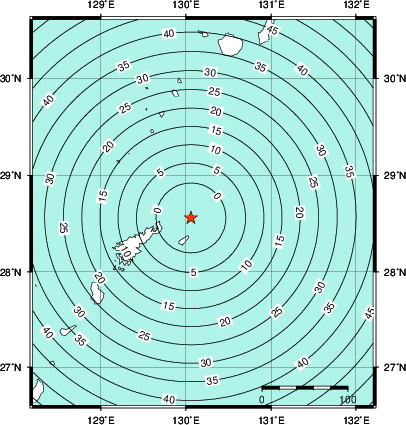 緊急地震速報第1報提供から主要動到達までの時間及び推計震度分布図