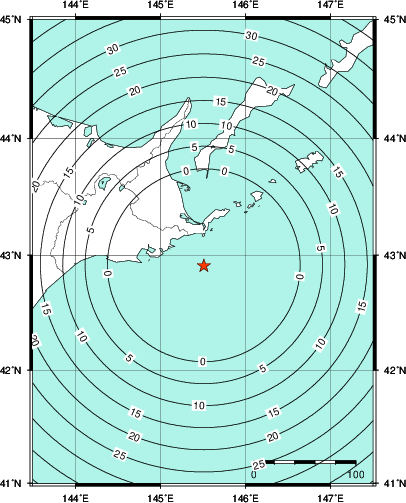 緊急地震速報第1報提供から主要動到達までの時間及び推計震度分布図