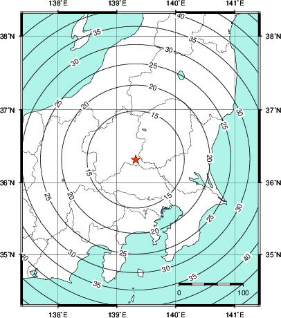 緊急地震速報第1報提供から主要動到達までの時間及び推計震度分布図