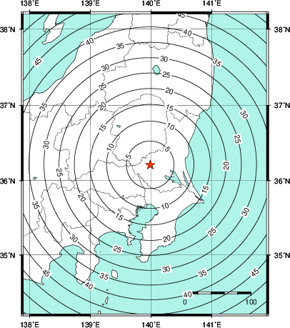 緊急地震速報第1報提供から主要動到達までの時間及び推計震度分布図