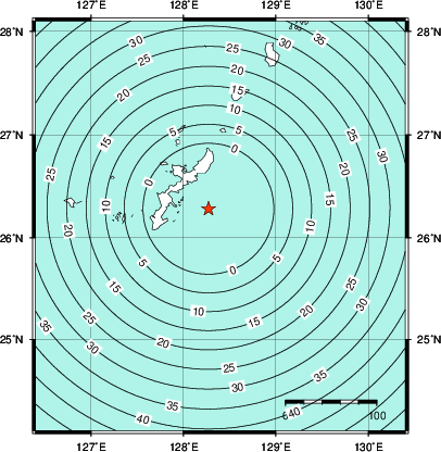 緊急地震速報第1報提供から主要動到達までの時間及び推計震度分布図
