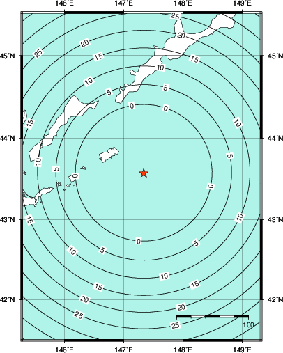 緊急地震速報第1報提供から主要動到達までの時間及び推計震度分布図