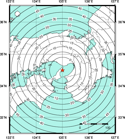 緊急地震速報第1報提供から主要動到達までの時間及び推計震度分布図