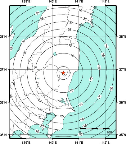 緊急地震速報第1報提供から主要動到達までの時間及び推計震度分布図