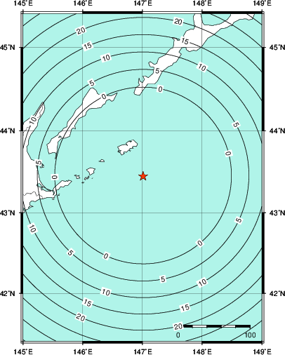 緊急地震速報第1報提供から主要動到達までの時間及び推計震度分布図