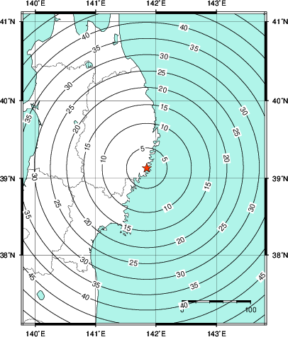 緊急地震速報第1報提供から主要動到達までの時間及び推計震度分布図