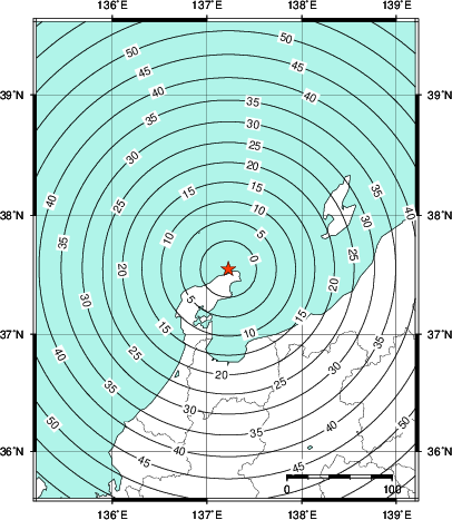 緊急地震速報第1報提供から主要動到達までの時間及び推計震度分布図