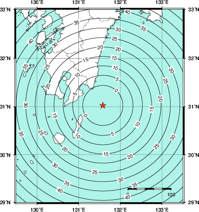 緊急地震速報第1報提供から主要動到達までの時間及び推計震度分布図