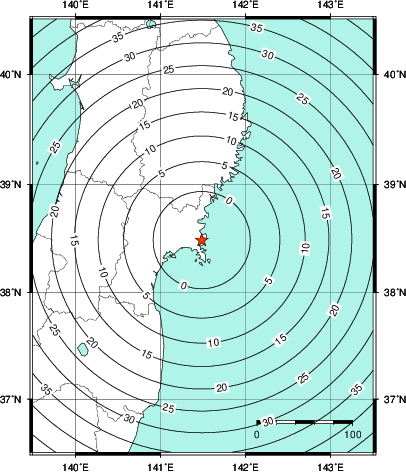 緊急地震速報第1報提供から主要動到達までの時間及び推計震度分布図