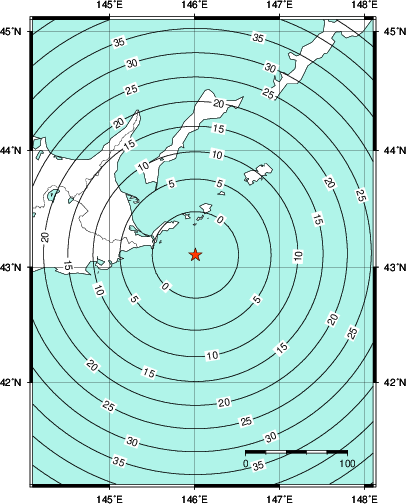 緊急地震速報第1報提供から主要動到達までの時間及び推計震度分布図
