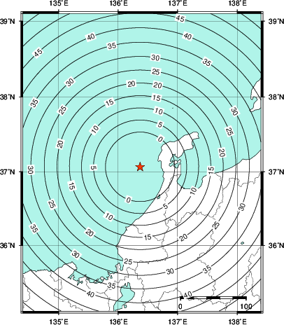 緊急地震速報第1報提供から主要動到達までの時間及び推計震度分布図