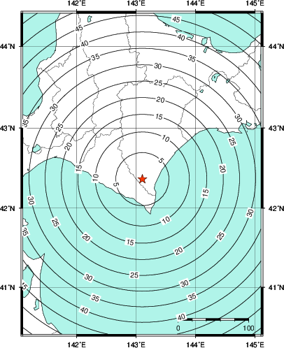 緊急地震速報第1報提供から主要動到達までの時間及び推計震度分布図