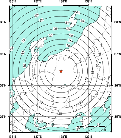 緊急地震速報第1報提供から主要動到達までの時間及び推計震度分布図