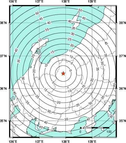 緊急地震速報第1報提供から主要動到達までの時間及び推計震度分布図
