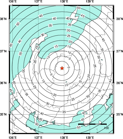 緊急地震速報第1報提供から主要動到達までの時間及び推計震度分布図