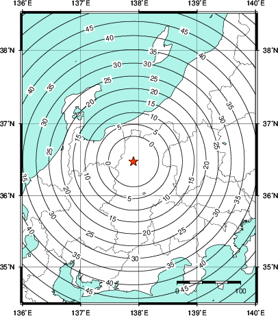 緊急地震速報第1報提供から主要動到達までの時間及び推計震度分布図
