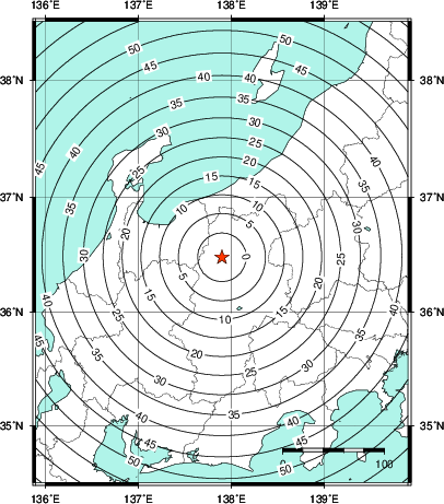 緊急地震速報第1報提供から主要動到達までの時間及び推計震度分布図
