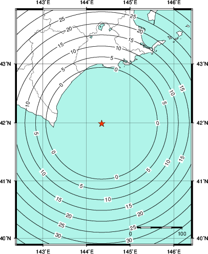 緊急地震速報第1報提供から主要動到達までの時間及び推計震度分布図
