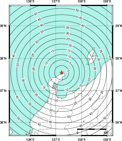 緊急地震速報第1報提供から主要動到達までの時間及び推計震度分布図