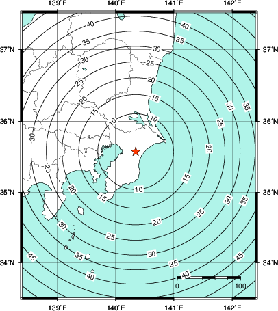 緊急地震速報第1報提供から主要動到達までの時間及び推計震度分布図