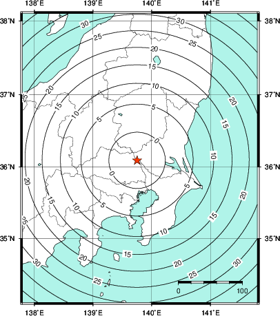緊急地震速報第1報提供から主要動到達までの時間及び推計震度分布図