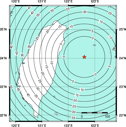 緊急地震速報第1報提供から主要動到達までの時間及び推計震度分布図