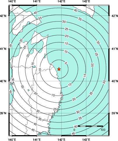 緊急地震速報第1報提供から主要動到達までの時間及び推計震度分布図