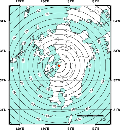 緊急地震速報第1報提供から主要動到達までの時間及び推計震度分布図
