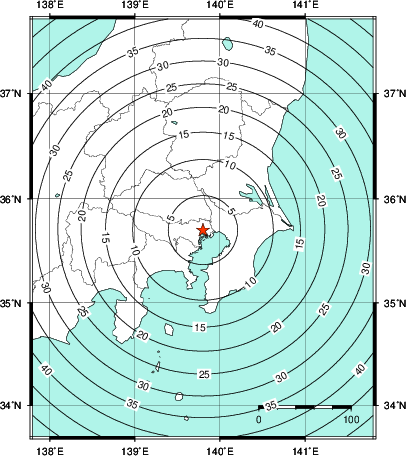 緊急地震速報第1報提供から主要動到達までの時間及び推計震度分布図