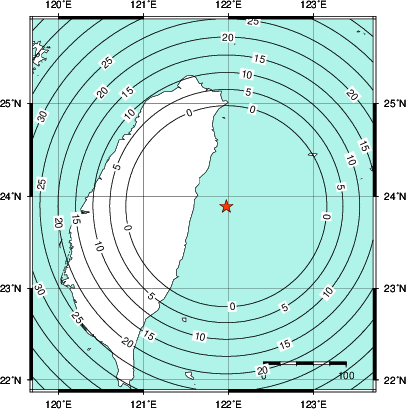 緊急地震速報第1報提供から主要動到達までの時間及び推計震度分布図