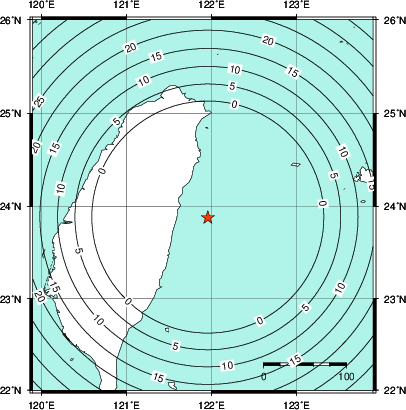 緊急地震速報第1報提供から主要動到達までの時間及び推計震度分布図