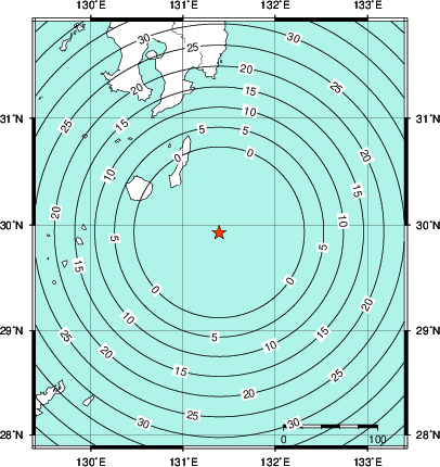 緊急地震速報第1報提供から主要動到達までの時間及び推計震度分布図