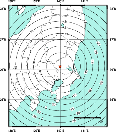 緊急地震速報第1報提供から主要動到達までの時間及び推計震度分布図