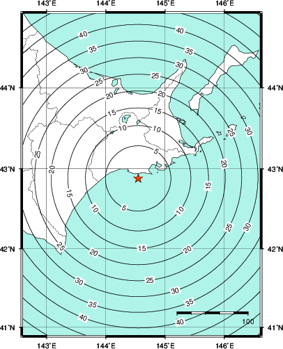 緊急地震速報第1報提供から主要動到達までの時間及び推計震度分布図