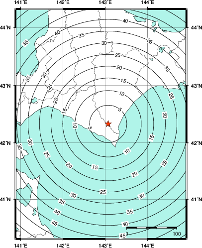 緊急地震速報第1報提供から主要動到達までの時間及び推計震度分布図