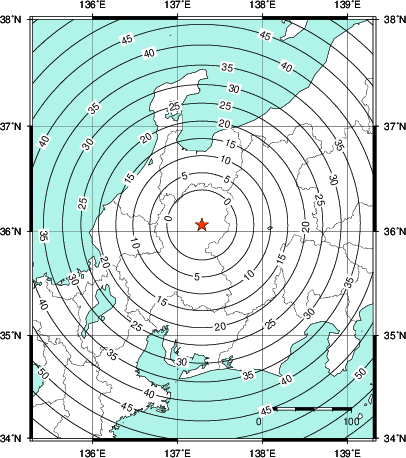 緊急地震速報第1報提供から主要動到達までの時間及び推計震度分布図