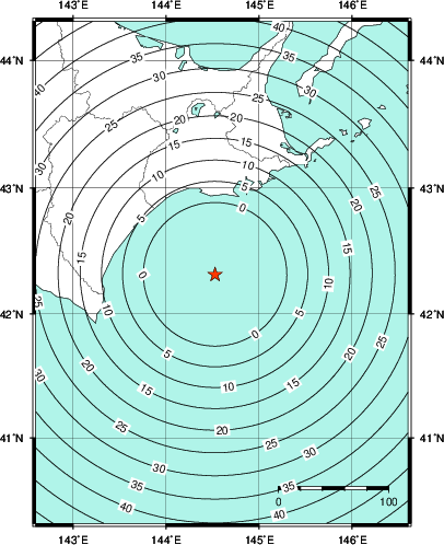 緊急地震速報第1報提供から主要動到達までの時間及び推計震度分布図