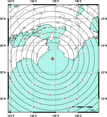 緊急地震速報第1報提供から主要動到達までの時間及び推計震度分布図