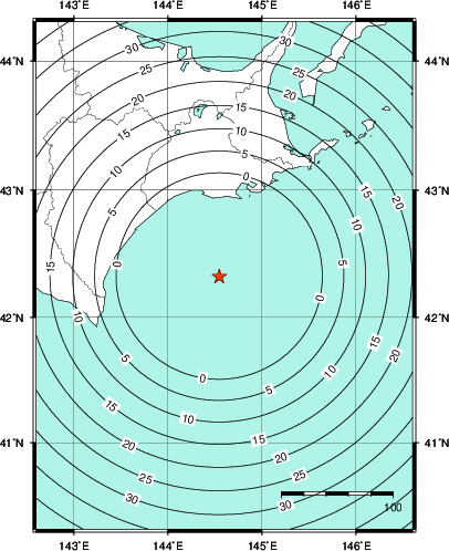 緊急地震速報第1報提供から主要動到達までの時間及び推計震度分布図